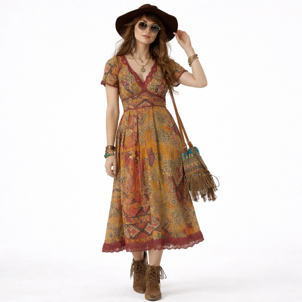 Robbie Bee 100% Silk Boho Midi Dress Lace Trim Festival Cottagecore Size 14‎ NWT